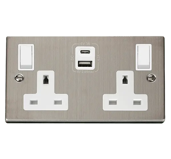 Click Deco Stainless Steel 2G 13A SW SKT 4.2A A&C USB VPSS WH with White Insert – VPSS786WH
