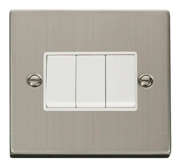 Click Deco Stainless Steel 3 Gang 2 Way 10AX Switch with White Insert – VPSS013WH