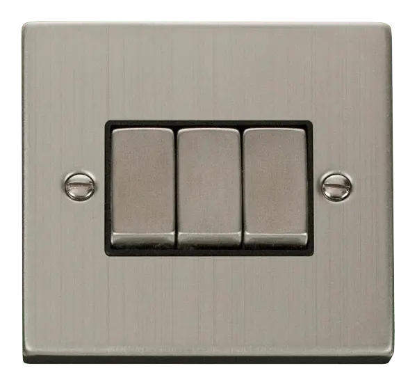 Click Deco Stainless Steel 3 Gang 2 Way 'Ingot' 10AX Switch with Black Insert – VPSS413BK