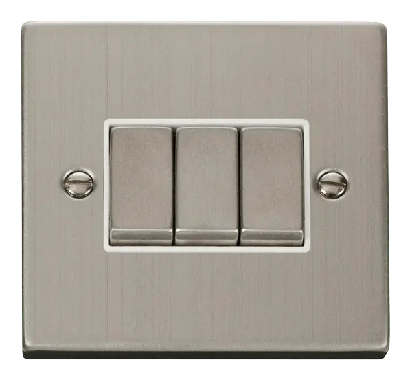 Click Deco Stainless Steel 3 Gang 2 Way 'Ingot' 10AX Switch with White Insert – VPSS413WH