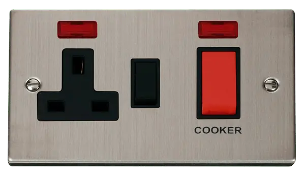 Click Deco Stainless Steel 45A DP Switch + 13A Switched Socket & Neons (2) with Black Insert – VPSS205BK