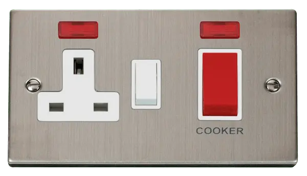 Click Deco Stainless Steel 45A DP Switch + 13A Switched Socket & Neons (2) with White Insert – VPSS205WH