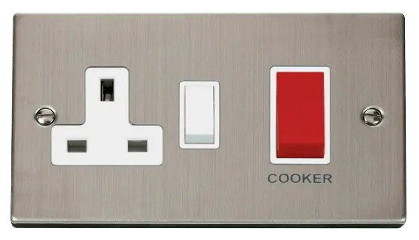 Click Deco Stainless Steel 45A DP Switch + 13A Switched Socket with White Insert – VPSS204WH