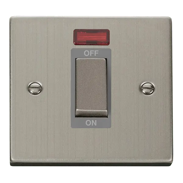 Click Deco Stainless Steel 50A Ingot 1 Gang Double Pole Plate Switch With Neon with Grey Insert – VPSS501GY