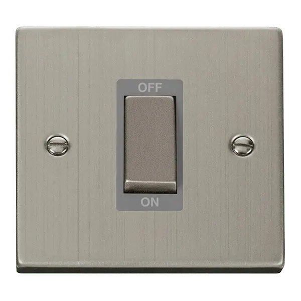 Click Deco Stainless Steel 50A Ingot 1 Gang Double Pole Plate Switch with Grey Insert – VPSS500GY