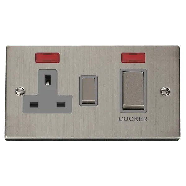 Click Deco Stainless Steel 50A Ingot 2 Gang Double Pole Switch With 13A Double Pole Switched Socket Outlet & Neons with Grey Insert – VPSS505GY