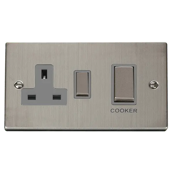 Click Deco Stainless Steel 50A Ingot 2 Gang Double Pole Switch With 13A Double Pole Switched Socket Outlet with Grey Insert – VPSS504GY