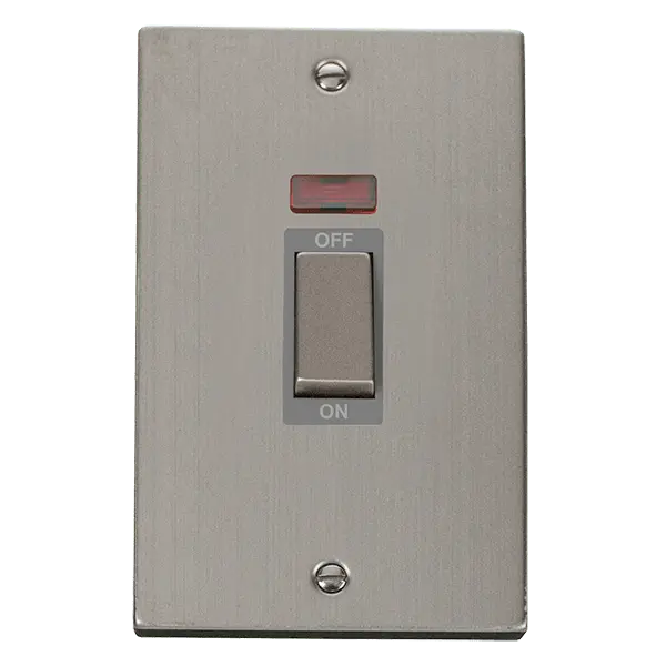 Click Deco Stainless Steel 50A Ingot 2 Gang (Vertica) Double Pole Plate Switch With Neon with Grey Insert – VPSS503GY