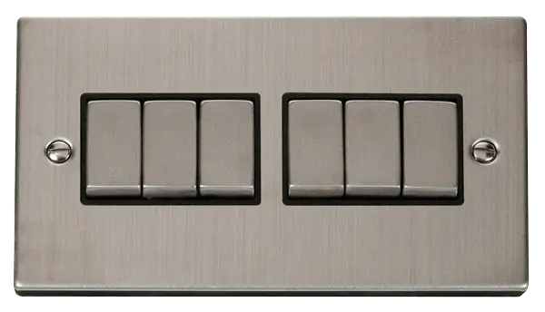 Click Deco Stainless Steel 6 Gang 2 Way 'Ingot' 10AX Switch with Black Insert – VPSS416BK