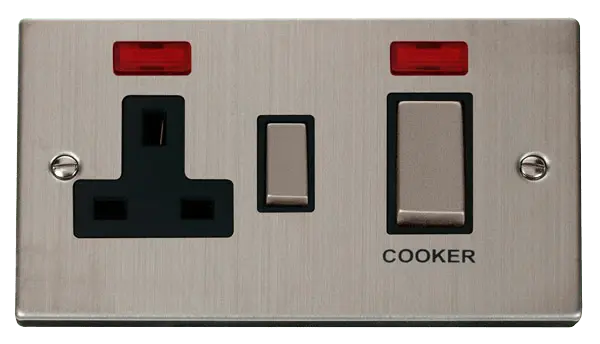 Click Deco Stainless Steel Ingot 45A DP Switch + 13A Switched Socket & Neons (2) with Black Insert – VPSS505BK