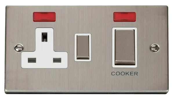 Click Deco Stainless Steel Ingot 45A DP Switch + 13A Switched Socket & Neons (2) with White Insert – VPSS505WH