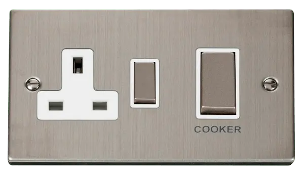 Click Deco Stainless Steel Ingot 45A DP Switch + 13A Switched Socket with White Insert – VPSS504WH