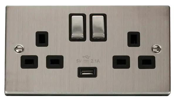 Click Deco Stainless Steel Stainless Steel 13A 2G Ingot Switched Socket With 2.1A USB Outlet with Black Insert – VPSS570BK