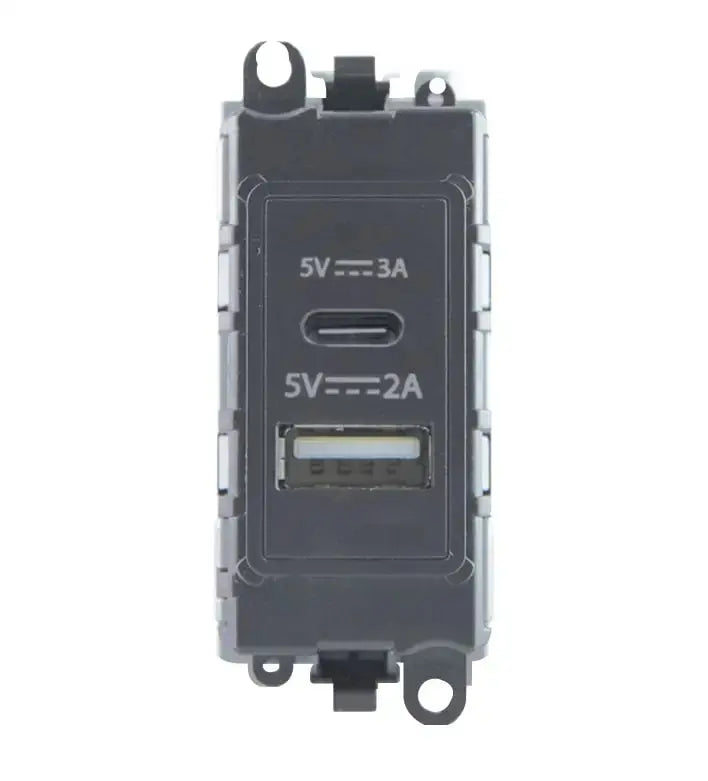 Click GridPro GRIDPRO DUAL USB CHARGING MODULE - 2.4A TYPE A & 3A TYPE C - GREY – GM2586GY Click Scolmore