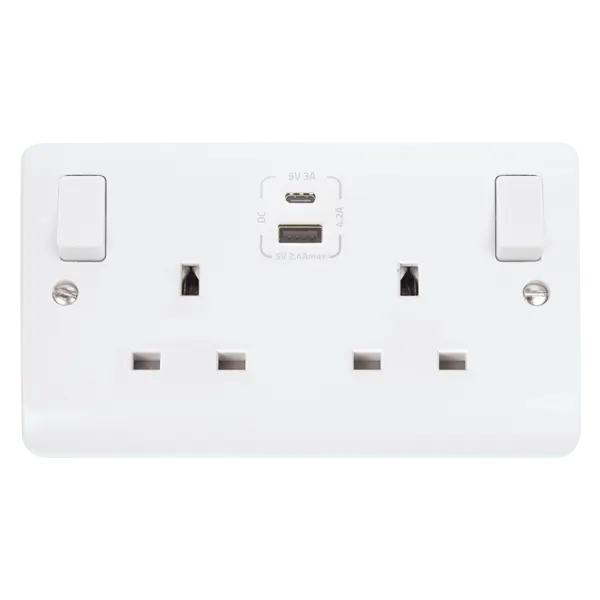 Click Mode 13A Double Switched Socket with USB-C & USB-A Charger 4.2A White - CMA786 Click Mode