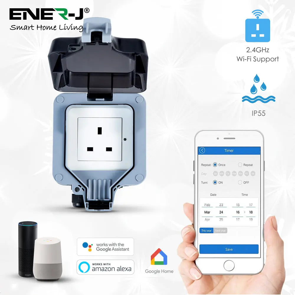 ENERJ Smart WiFi Outdoor Socket IP55 Hardwired | App & Voice Controlled | SHA5303