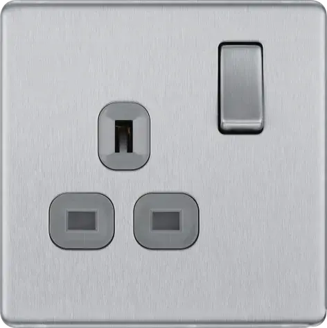 BG Nexus Screwless Flat Plate Brushed Steel Single Socket FBS21G Grey Insert 13Amp BG Nexus