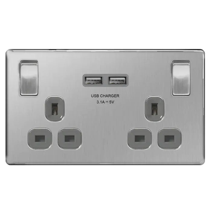 BG Nexus Screwless Flat Plate Brushed Steel Switches and Sockets Grey Inserts Full Range BG Nexus