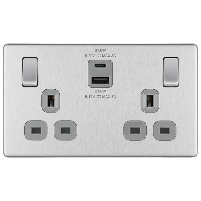 BG Nexus Screwless Flat Plate Brushed Steel Switches and Sockets Grey Inserts Full Range BG Nexus