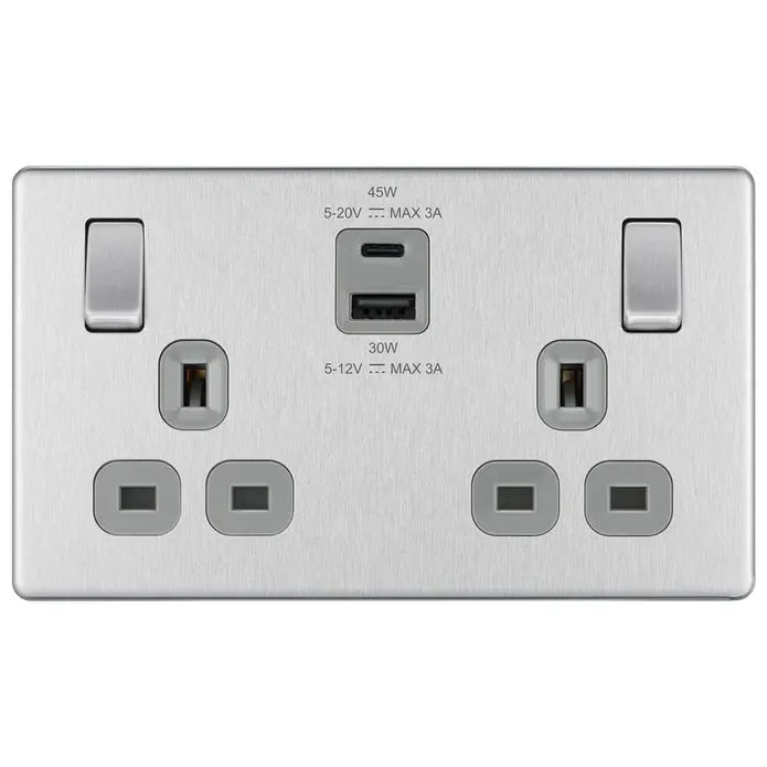 BG Nexus Screwless Flat Plate Brushed Steel Switches and Sockets Grey Inserts Full Range BG Nexus