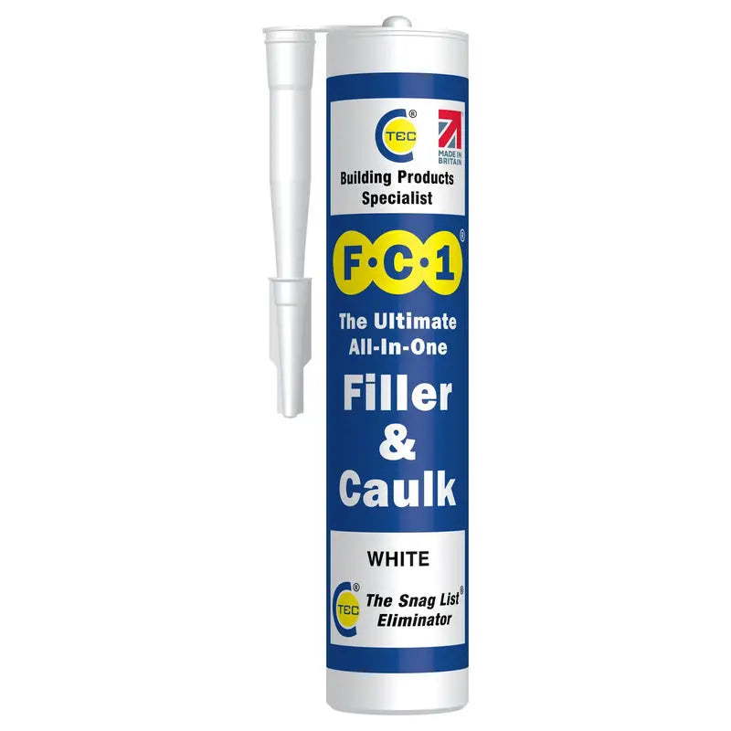 A tube of FC1 Filler & Caulk by CTEC, white color, featuring a blue and white label with yellow accents, shown on a plain white background.