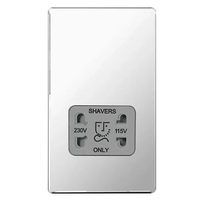 BG Nexus Screwless Flat Plate Polished Chrome Switches and Sockets Grey Inserts Full Range BG Nexus