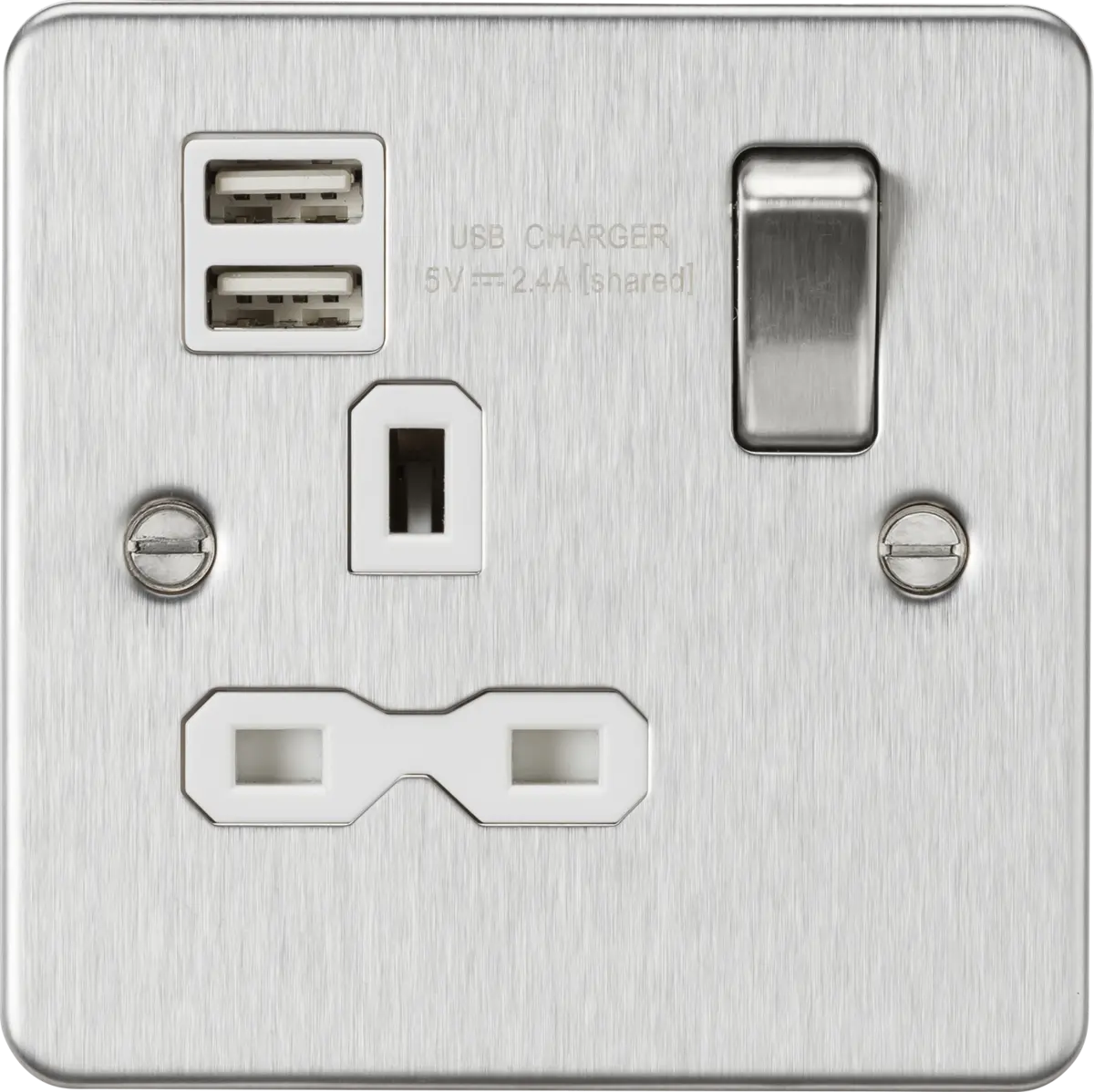 Knightsbridge 13A 1G SP Switched Socket with Dual USB A+A (5V DC 2.4A shared) - Brushed Chrome with White Insert – FPR9124BCW