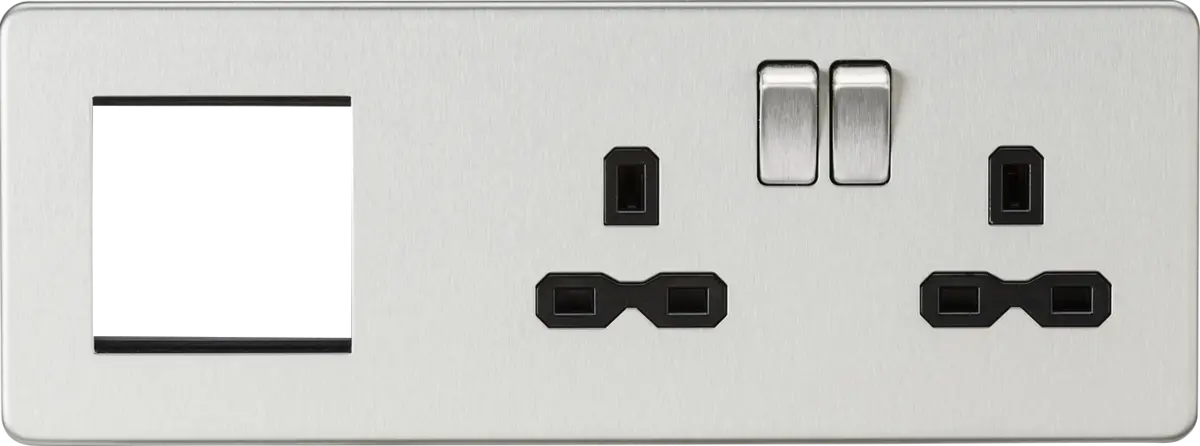 Knightsbridge 13A 2G DP Socket + 2G Modular Combination Plate - Brushed Chrome with Black Insert – SFR192RBC