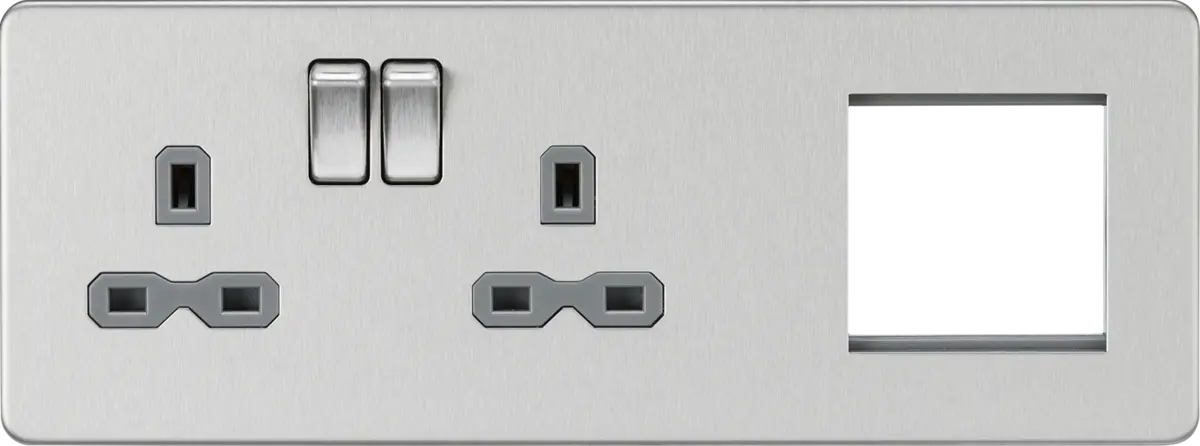Knightsbridge 13A 2G DP Socket + 2G Modular Combination Plate - Brushed Chrome with Grey Insert – SFR192LBCG