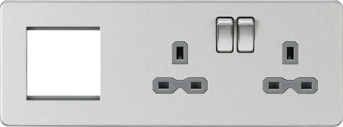 Knightsbridge 13A 2G DP Socket + 2G Modular Combination Plate - Brushed Chrome with Grey Insert – SFR192RBCG