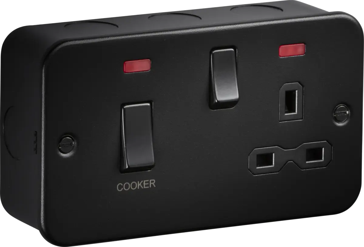 Knightsbridge Metal Clad Black 45A DP Switch and 13A DP Switched Socket with Neons – MR8333NTB Knightsbridge