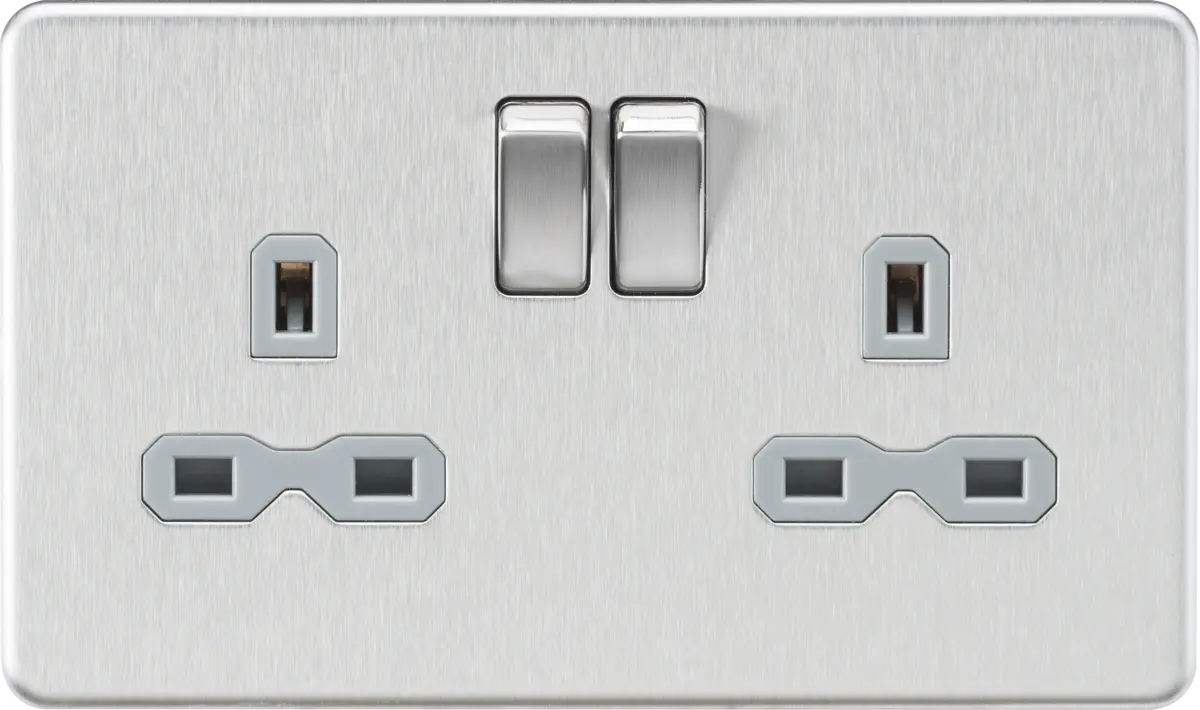 Knightsbridge Screwless 13A Double Socket 2 Gang DP Switched - Brushed Chrome with Grey Insert (SFR9000BCG)