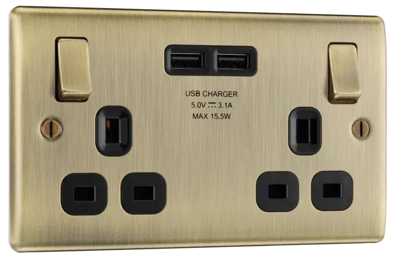 BG Nexus Metal USB Double Socket in Antique Brass with Black Inserts - NAB22U3B-01 BG (British General)