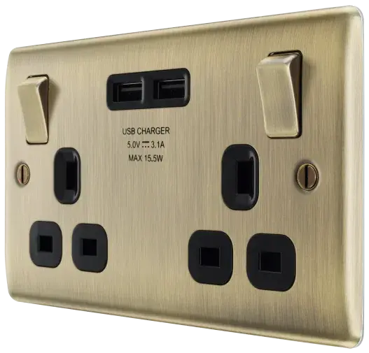BG Nexus Metal USB Double Socket in Antique Brass with Black Inserts - NAB22U3B-01 BG (British General)