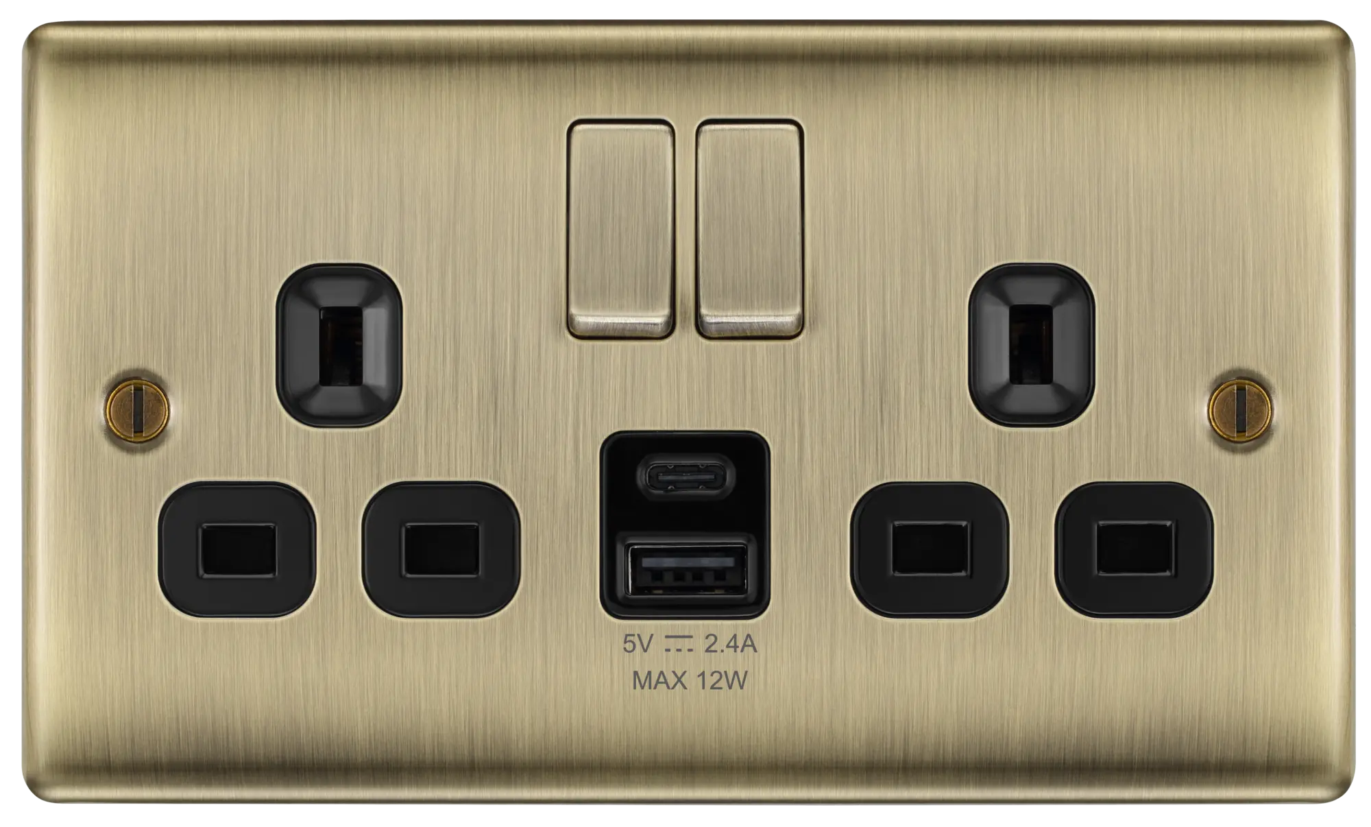 BG Nexus Metal USB USBC 12W Double Socket in Antique Brass with Black Insert NAB22UAC12B BG Nexus