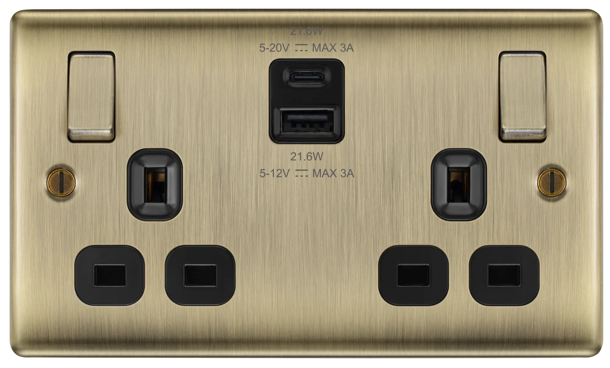 BG Nexus Metal USB USBC 22W Double Socket in Antique Brass with Black Insert NAB22UAC22B BG Nexus