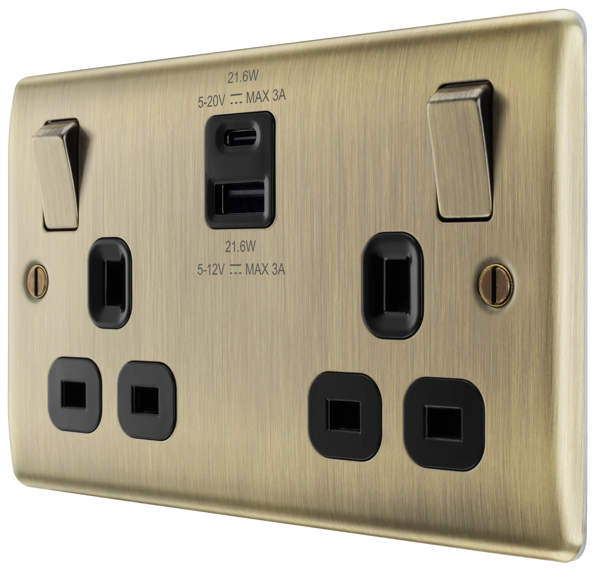 BG Nexus Metal USB USBC 22W Double Socket in Antique Brass with Black Insert NAB22UAC22B BG Nexus