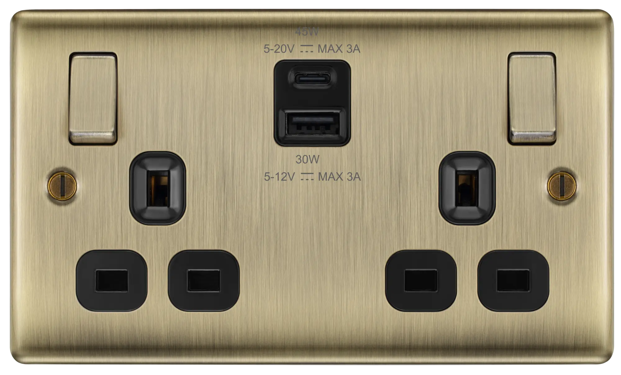 BG Nexus Metal USB USBC 45W Double Socket in Antique Brass with Black Insert NAB22UAC45B BG Nexus