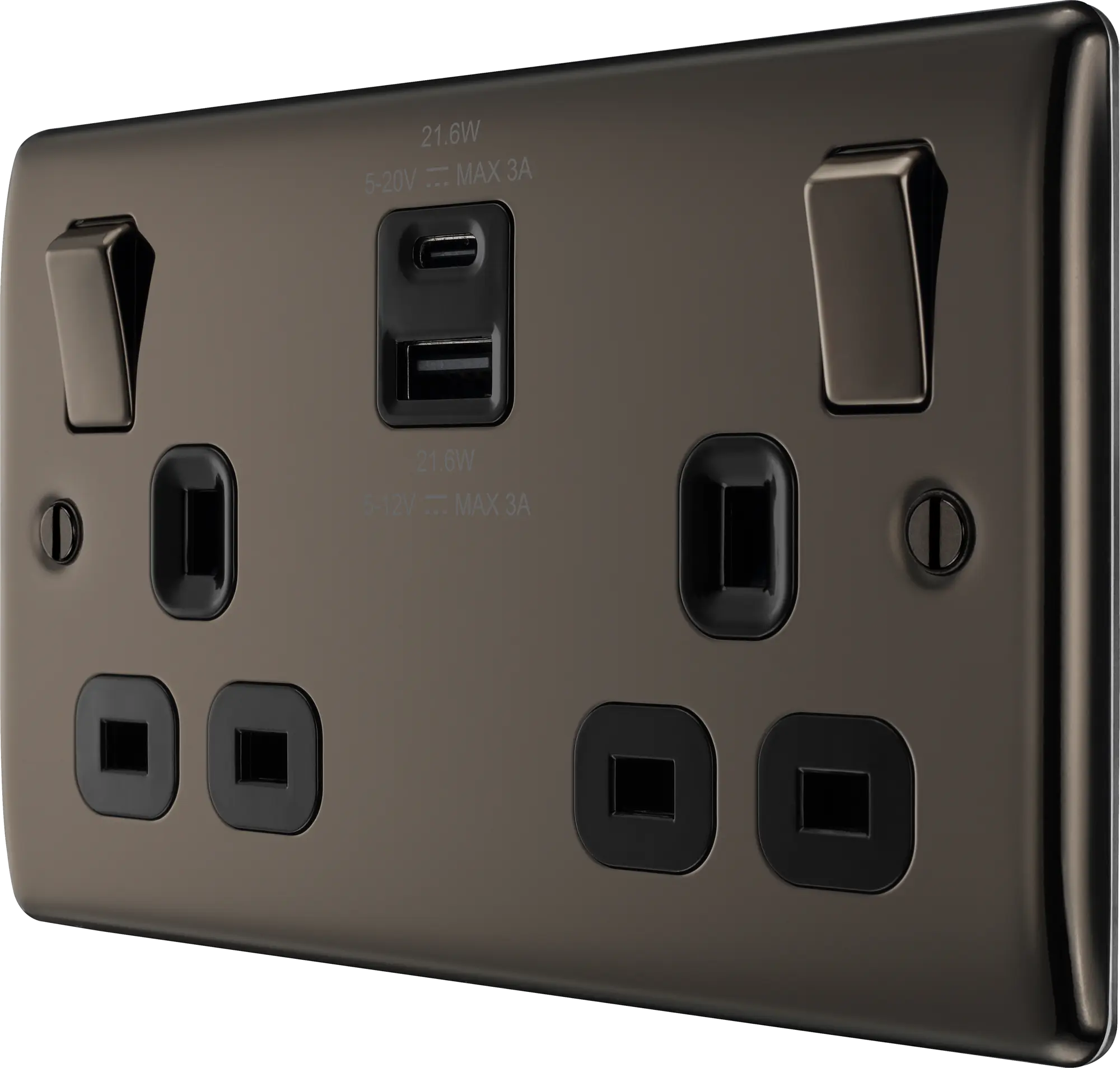 BG Nexus Metal USB USBC 22W Double Socket in Black Nickel NBN22UAC22B BG Nexus