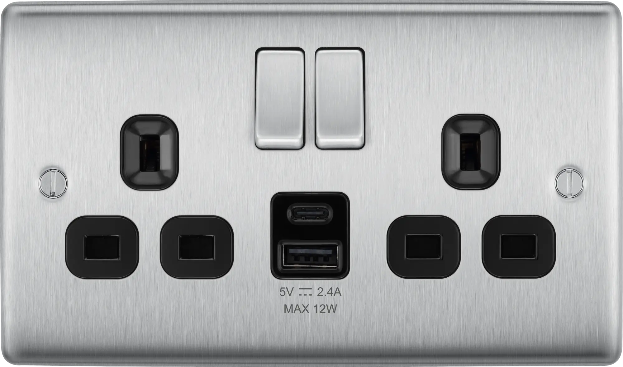 BG Nexus Metal USB USBC 12W Double Socket in Brushed Steel with Black Inserts NBS22UAC22B BG Nexus