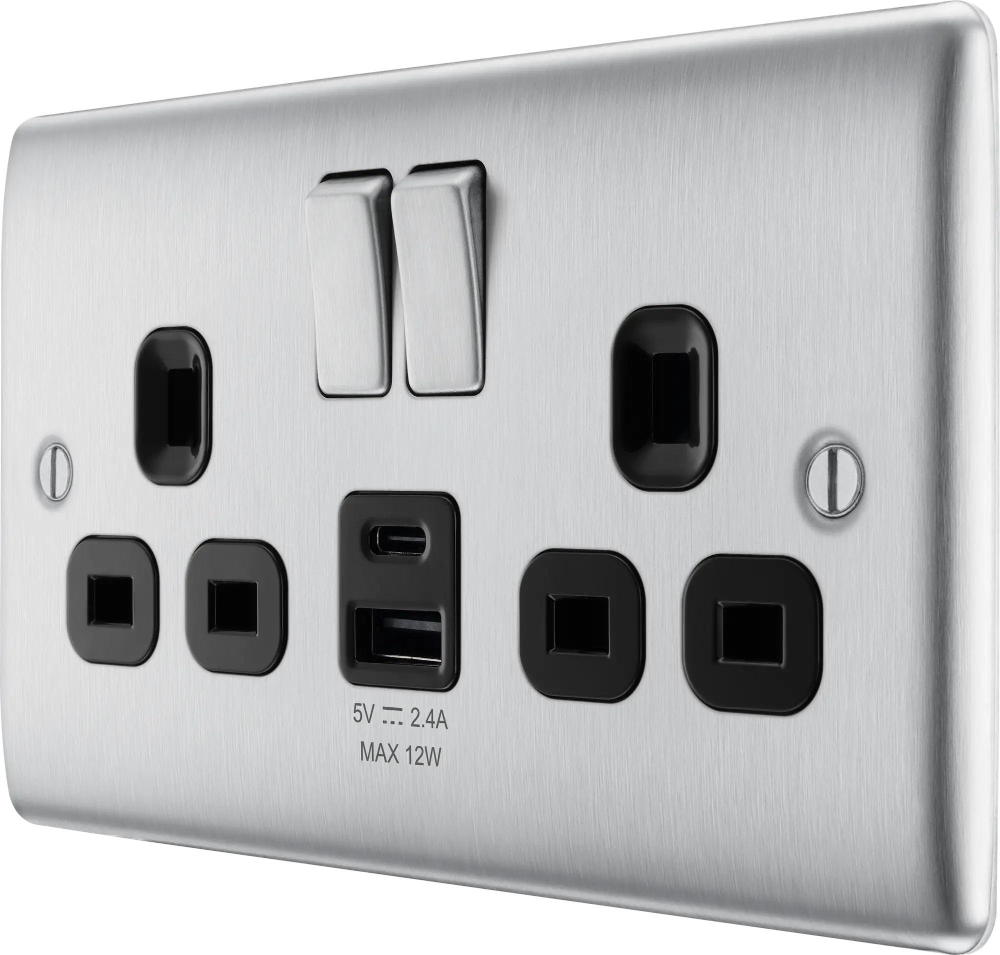 BG Nexus Metal USB USBC 12W Double Socket in Brushed Steel with Black Inserts NBS22UAC22B BG Nexus