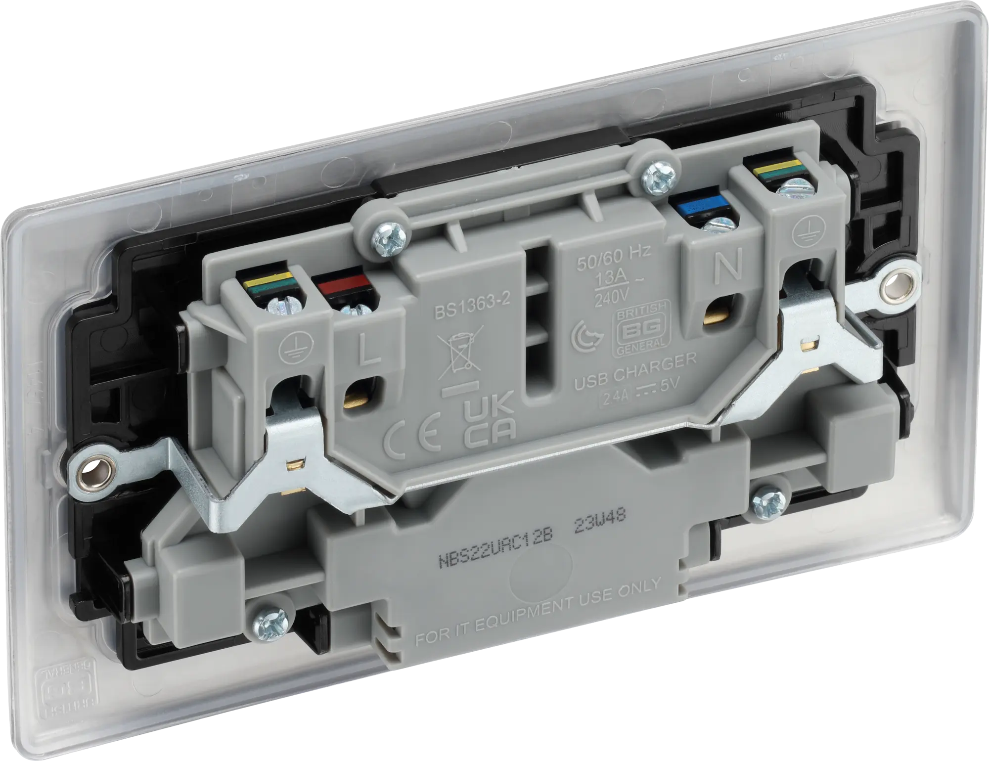 BG Nexus Metal USB USBC 12W Double Socket in Brushed Steel with Black Inserts NBS22UAC22B BG Nexus