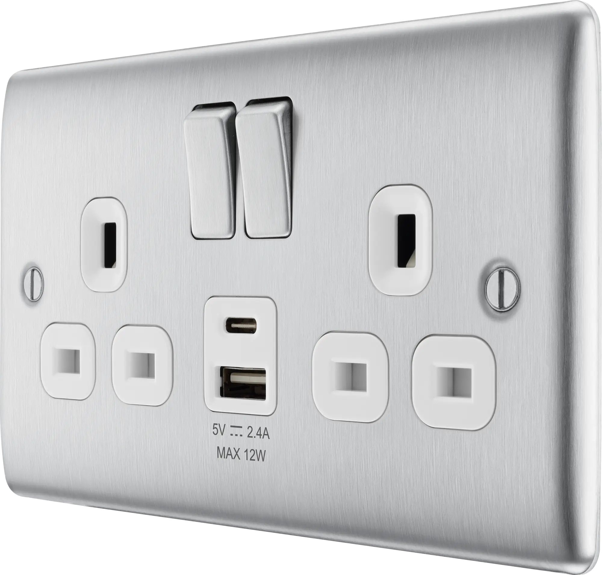 BG Nexus Metal USB USBC 12W Double Sockets In Brushed Steel With White Inserts NBS22UAC22W BG Nexus