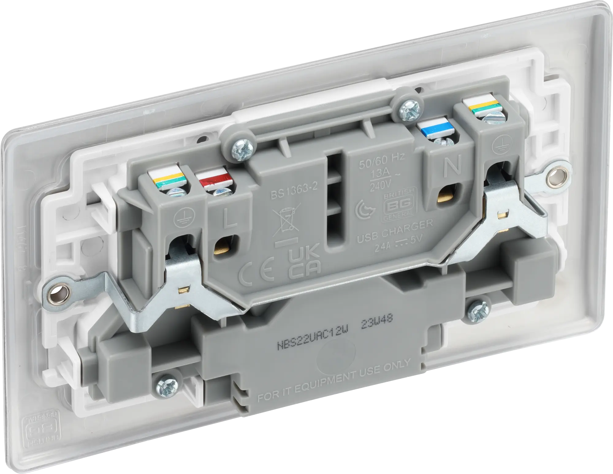 BG Nexus Metal USB USBC 12W Double Sockets In Brushed Steel With White Inserts NBS22UAC22W BG Nexus