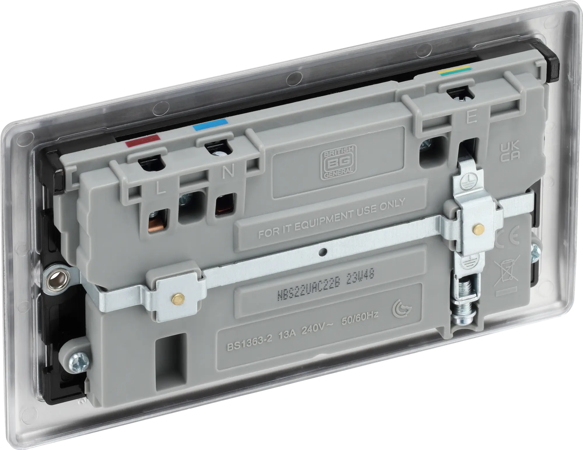 BG Nexus Metal USB USBC 22W Double Socket in Brushed Steel with Black Inserts NBS22UAC22B BG Nexus