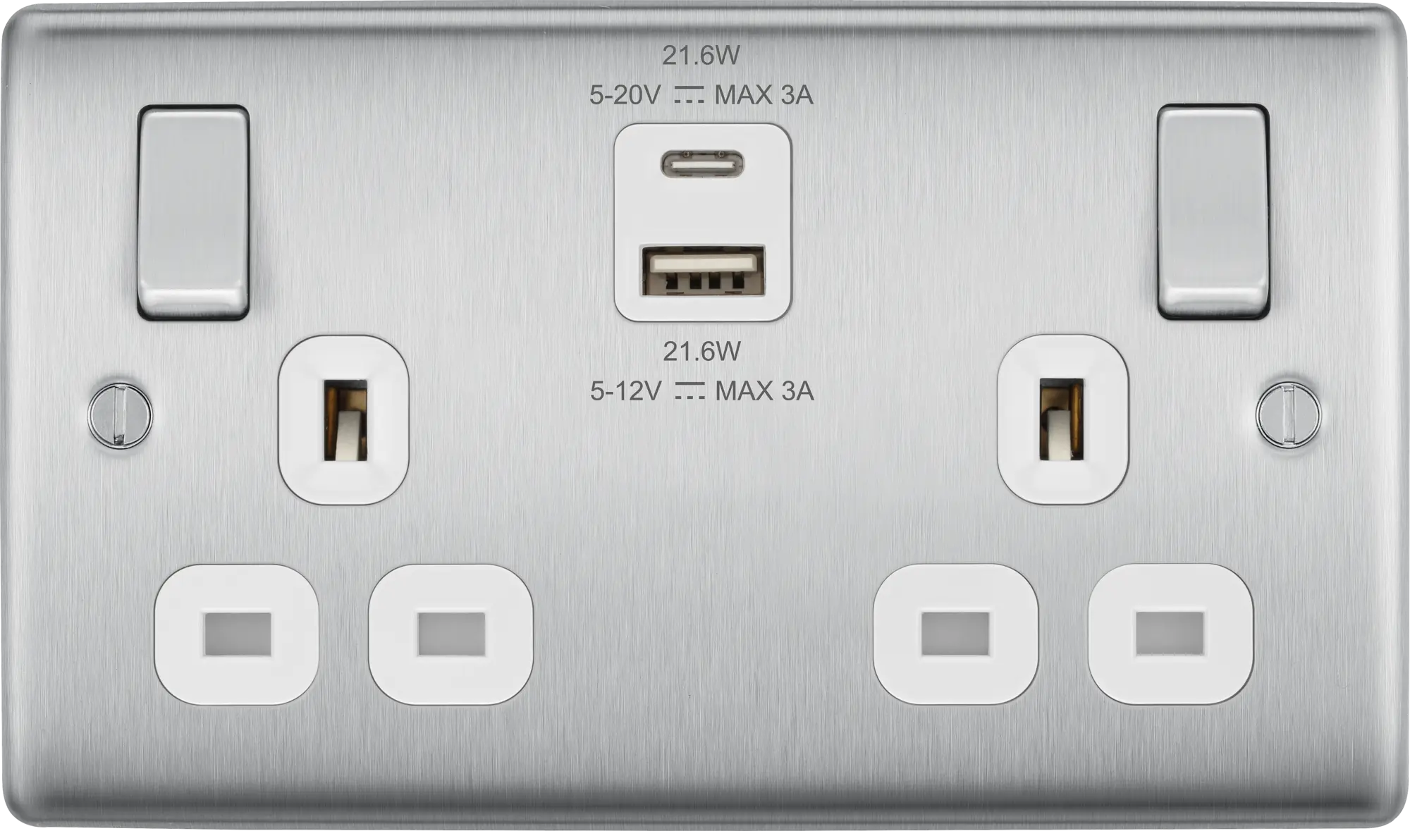 BG Nexus Metal USB USBC 22W Double Socket in Brushed Steel with White Inserts NBS22UAC22W BG Nexus