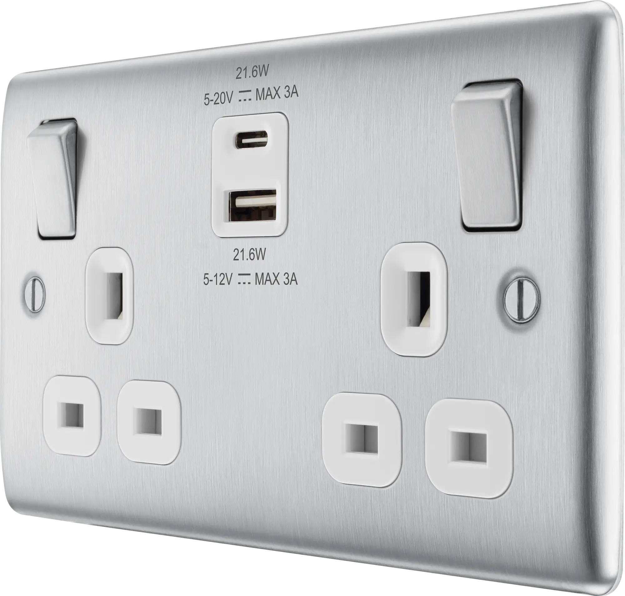 BG Nexus Metal USB USBC 22W Double Socket in Brushed Steel with White Inserts NBS22UAC22W BG Nexus