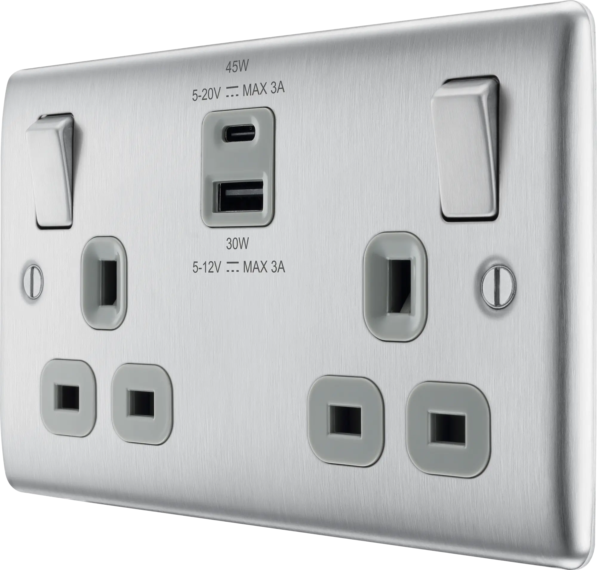 BG Nexus Metal USB USBC 12W Double Socket in Brushed Steel with Grey Inserts NBS22UAC45G BG Nexus