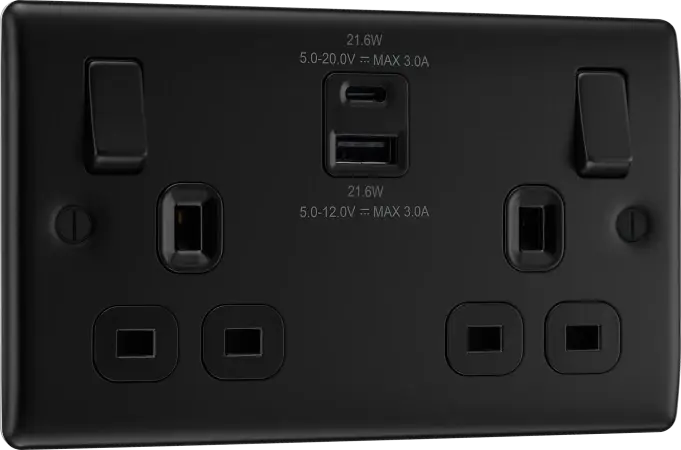 BG Nexus Metal Matt Black 2 Gang USB A + C Switched Socket Black insert - NFB22UAC22B BG Nexus