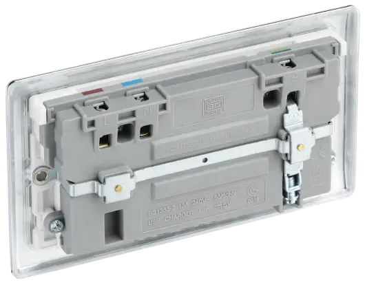 BG Nexus Metal USB Double Switched Fast Charging Power Socket with Two USB Charging Ports 13A in Polished Chrome with White Inserts - NPC22U3W BG (British General)